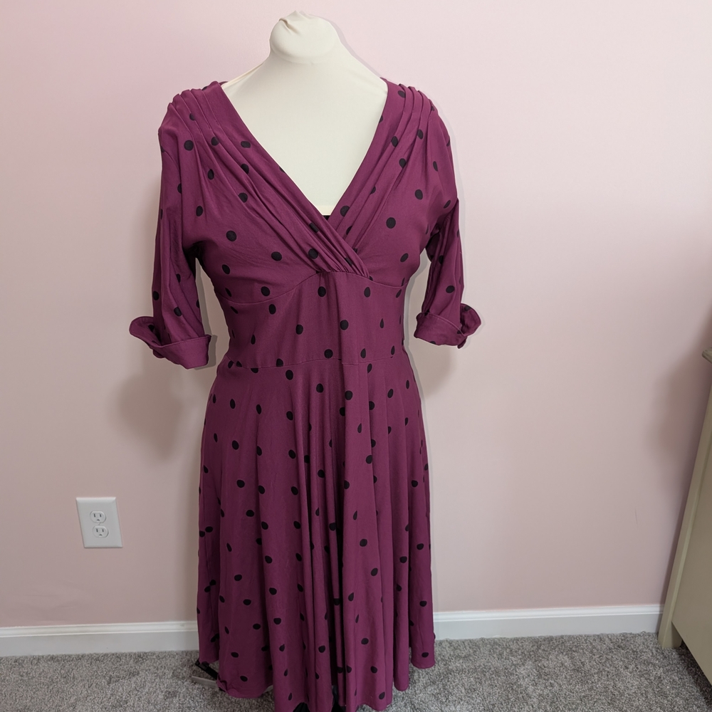 Unique Vintage Plum Polka Dot Wrap Midi Dress